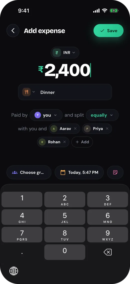 Splimo add expense screen: Dinner ₹2,400 ready to save